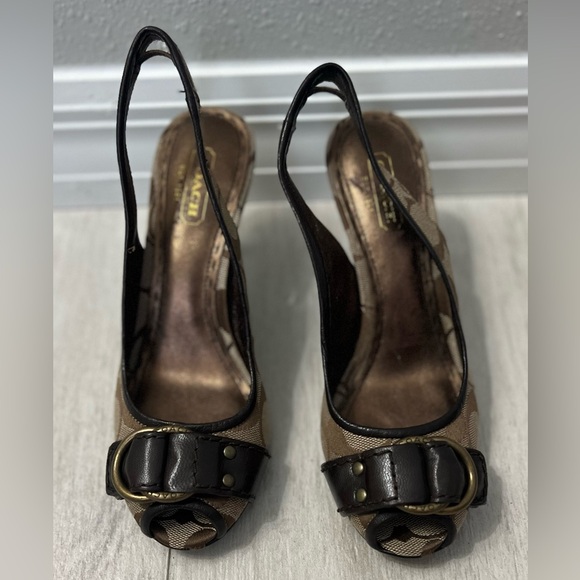 COACH Jacquard Leather Diane Peep Toe Slingback Heels 5.5B - Picture 2 of 6